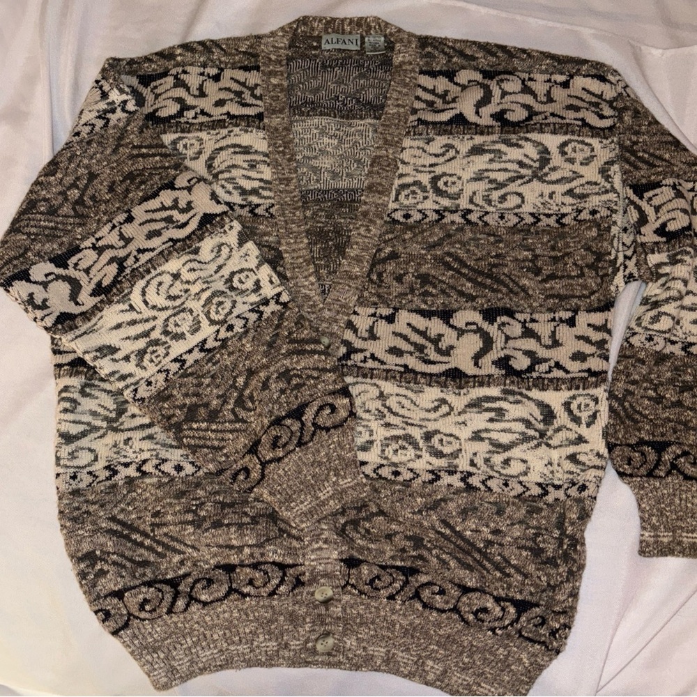 Vtg. Y2K Alfani Cotton Linen Cardigan Abstract Gray Tan BLK Italy grandpa XL